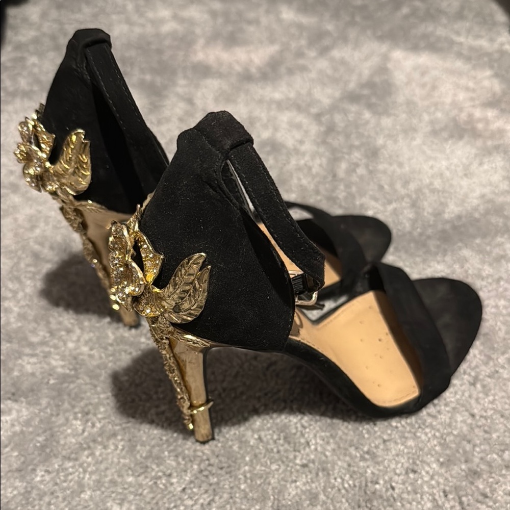 Shoe Dazzle Black and Gold Stiletto Heels with Butterfly Design
